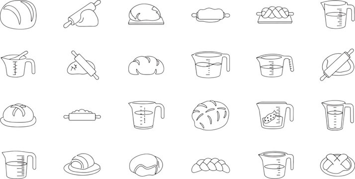 Line of bread baking tools and ingredients in a grid pattern line bread