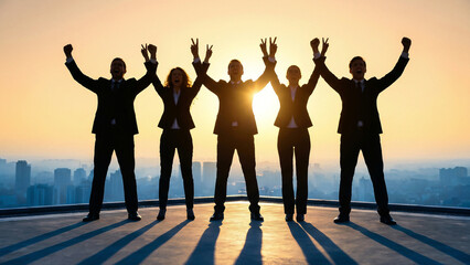Fototapeta premium Radiant Golden Sunset Silhouette of Cheering Business Team Raising Arms Toward Success and Teamwork Perfect for Corporate Advertising Recruitment and Motivational Presentation Visuals