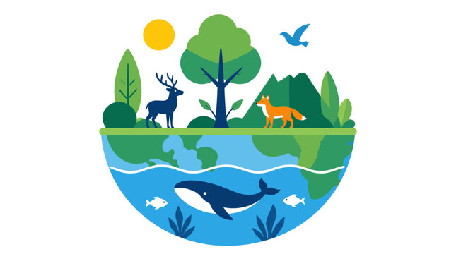 Circular Earth Nature Scene Featuring Wildlife And Ecosystem Elements.