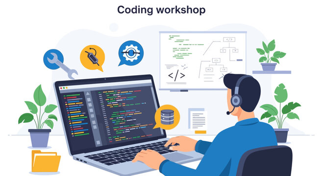 Software Developer Coding at Desk Online Workshop Illustration