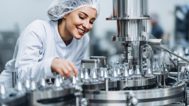 Female factory worker operating automated production line machinery in sterile industrial facility. Smiling technician monitoring manufacturing process and quality control equipment