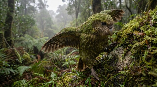 Rare kakapo parrot climbing mossy forest rock with detailed feather texture and natural rainforest atmosphere