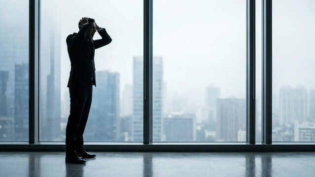 Atmospheric Silhouette of Stressed Businessman Clutching Head by Office Window Toward Challenge Perfect for Mental Health Corporate Advertising and Burnout Awareness Presentations