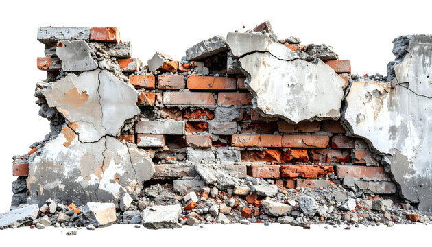 Fragmented section of an old crumbling brick wall showing exposed red clay units and cracked cement plaster debris on transparent background