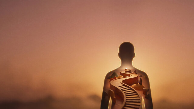 Warm Sunset Silhouette of Human Figure with Winding Inner Pathway Toward Growth and Self Discovery Perfect for Wellbeing Advertising Coaching Presentations and Mindfulness Background