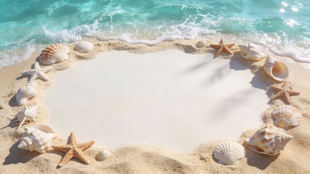 Summer beach frame with seashells and ocean waves