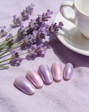 Elegant iridescent lavender nails with delicate lavender flowers in soft natural light.