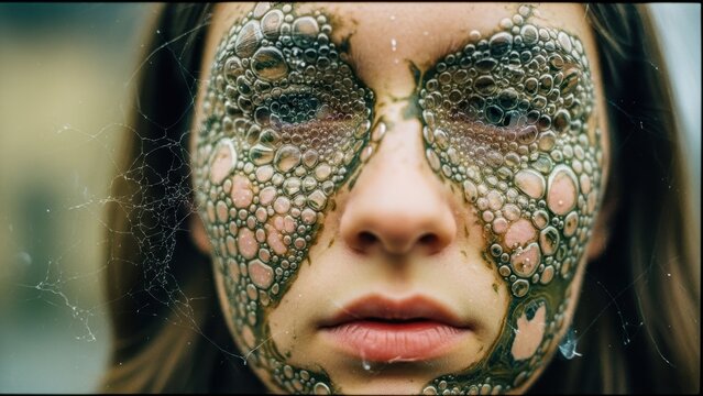 Woman's face covered in a mask of green, bubbly texture.