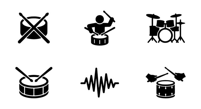 Drum Kit Icons, Music Performance Symbols, Percussion Set Graphics, Sound Wave Vector