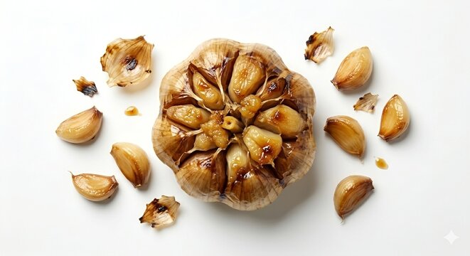 Photorealistic roasted whole garlic bulb and cloves on white background