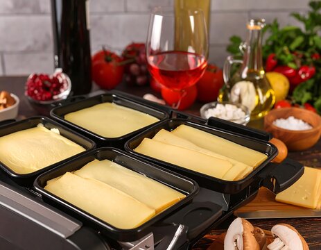Close-up of a tabletop grill with cheese arranged in trays, alongside wine, vegetables, and condiments