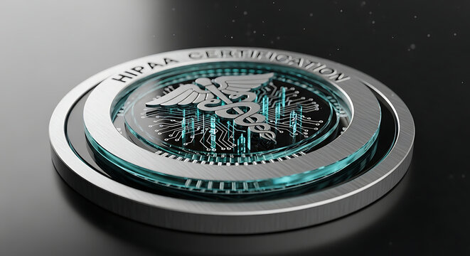 HIPAA Certification Metallic Seal with Caduceus Symbol and Digital Circuitry for Healthcare Data Security and Medical Compliance Concept