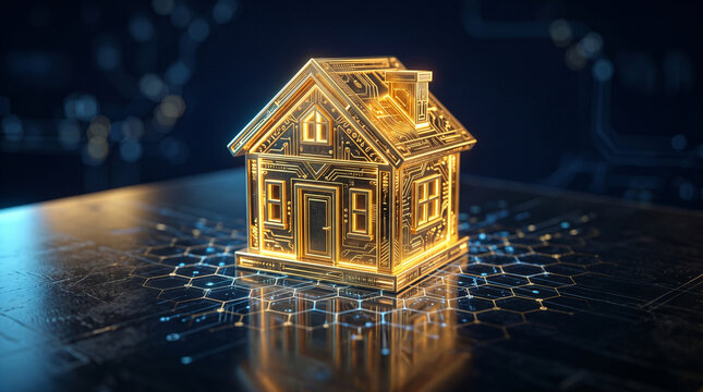 Glowing Golden House on Blockchain Network Dark Surface &mdash; Real Estate Tokenization, Digital Property Token, Fractional Ownership Concept, No People