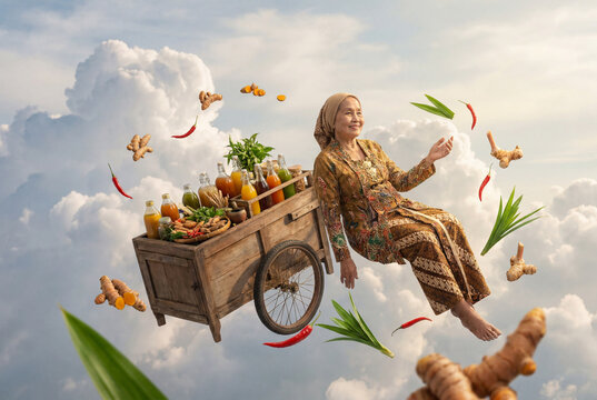 Surreal ethnic jamu seller with a traditional wooden cart levitating among clouds, colorful herbs and spices floating in golden light, magical realism concept