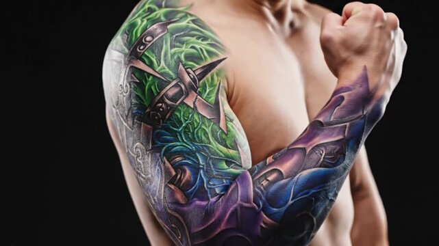 Muscular man's arm with colorful fantasy sleeve tattoo