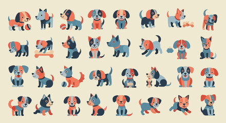 Fototapeta premium Cute Cartoon Puppy Set Vector Illustration