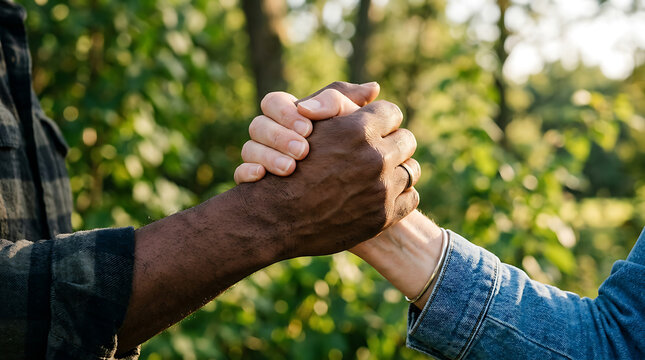 Hands clasped together in solidarity outdoors