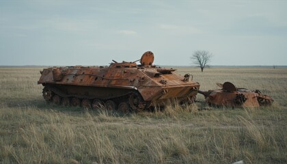 Obraz premium Rusting Tank Remnant in Open Prairie Field.