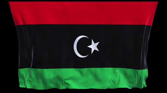 Realistic animation of the Libya flag waving in the wind, ideal for national identity projects, news visuals, travel content, cultural videos, presentations, national holidays and web banner use.