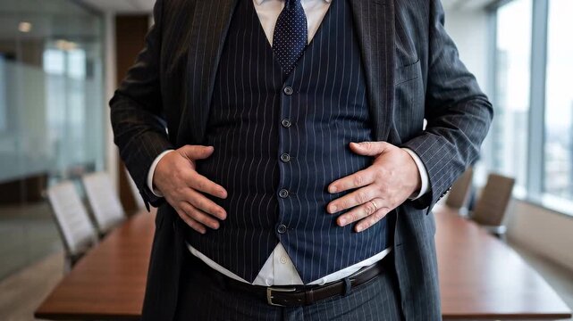 Businessman in suit holding belly, overweight abdomen and weight gain in corporate office meeting room executive adjusting waistcoat and tie in modern conference setting, professional atmosphere