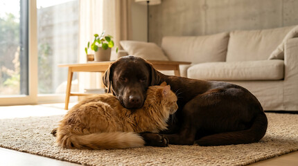 Plakat A brown dog and a small tan dog lie together on a rug in a living room with a couch.