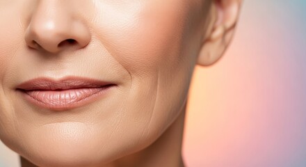 Obraz premium Close up of mature skin featuring soft glow, hydrated texture, and neutral lip color. Subtle makeup enhances natural beauty and radiance, radiant, macro, morning
