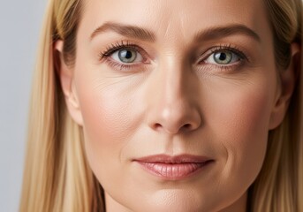Obraz premium Close up portrait of elegant facial features showing refined maturity and glowing skin with subtle textures and a natural radiant finish, clarity, neutral, studio