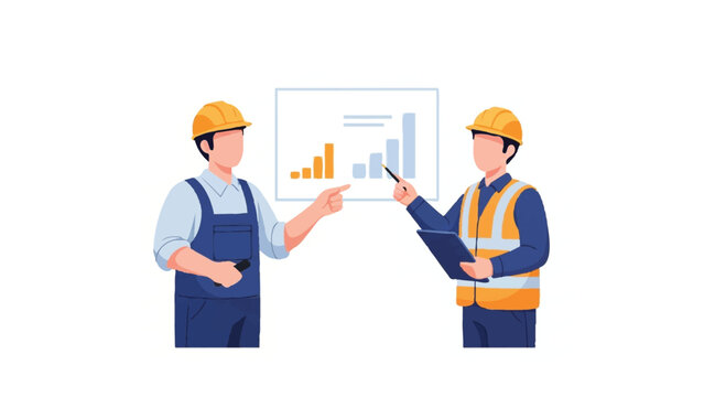 Construction Engineers and Project Managers Analyzing Performance Data on a Bar Chart. Flat Vector Illustration of Industrial Teamwork and Strategic Planning.