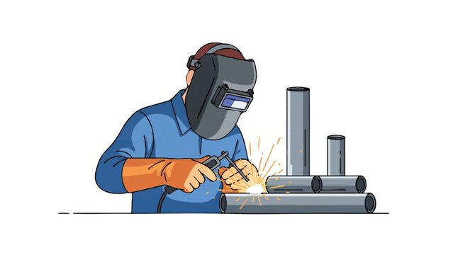 Professional Welder in Protective Gear Welding Metal Pipes Industrial Vector Illustration