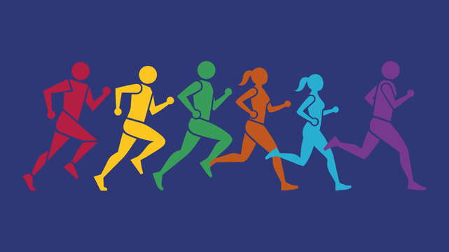 Colorful running people silhouettes, diverse group of joggers in rainbow colors, marathon runners vector illustration on dark blue background Editable vector