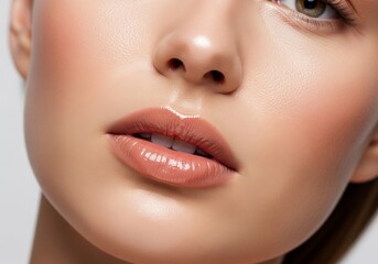 Naklejka premium Close-up shot of radiant hydrated skin and glossy nude lips with a serene expression, captured in high-end editorial fashion photography, sophisticated, glossy, luxury