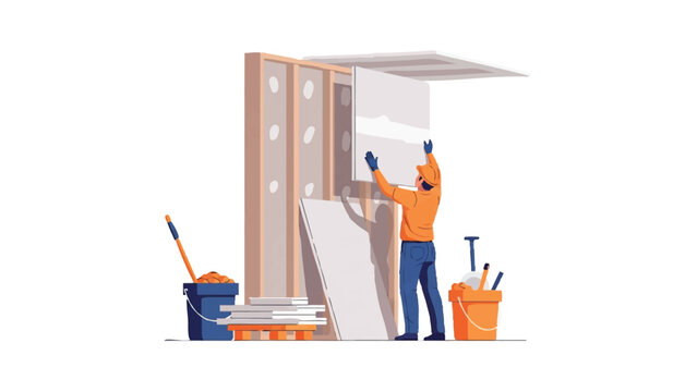 Professional Construction Worker Installing Drywall Sheets on Wooden Wall Frame, Vector Illustration for Home Renovation and Interior Design Services