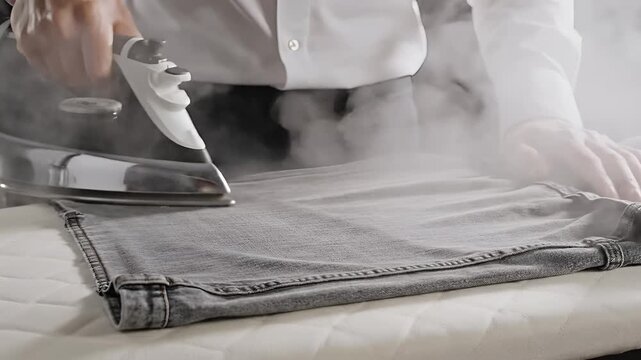 Close up of person ironing clothes with steam on an ironing board.
