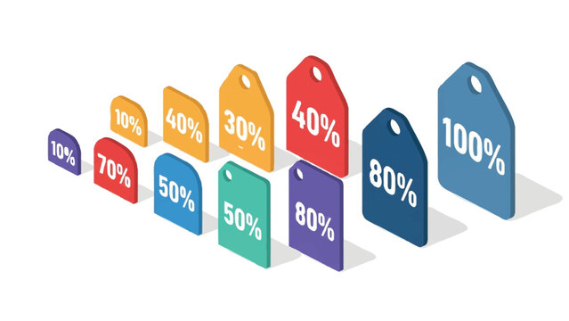 Isometric 3D Sale Price Tags with Percentage Discount Values for E-commerce and Marketing Promotions