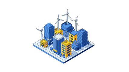 Naklejka premium Modern Isometric Green City Illustration Featuring Wind Turbines and Solar Panels for Sustainable Energy and Eco-Friendly Urban Planning