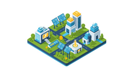 Fototapeta premium 3D Isometric Green Smart City Illustration with Solar Panels, Sustainable Infrastructure, and Renewable Energy Technology