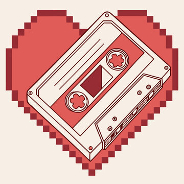 Retro audio cassette tape placed over a pixel art red heart shape with vintage tech old school cassette nostalgia