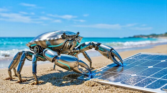Robot crab recharging on solar panel at beach during sunny day near ocean waves and sand