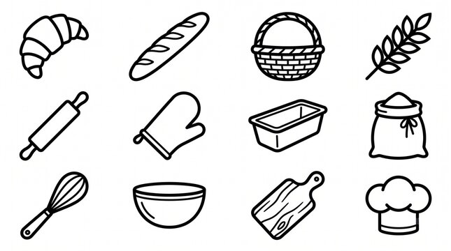 Collection of baking icons including croissant bread basket rolling pin oven mitt loaf pan wheat flour whisk bowl cutting board and chef hat