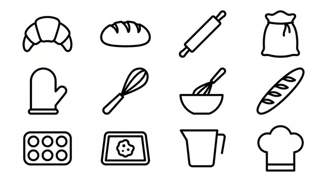 Collection of baking icons including croissant bread rolling pin flour bag oven mitt whisk bowl baguette muffin tin cookie sheet measuring cup and chef hat