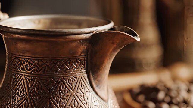 Closeup of an antique copper coffee pot with intricate engravings.