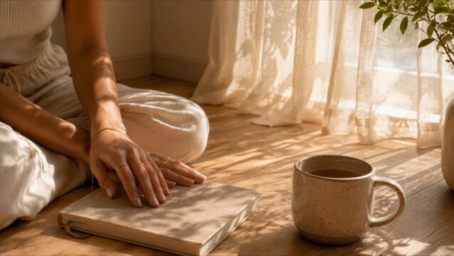 Woman touching journal during mindful morning routine in sunlit wellness home