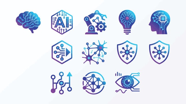 Collection of futuristic AI and technology icons, including brain, robot arm, lightbulb, and network symbols.