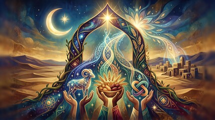 Fototapeta premium Eid al-Adha celebration with abstract hands holding a glowing ram and a bowl of dates. Religious festival concept featuring a desert landscape, crescent moon and traditional art.