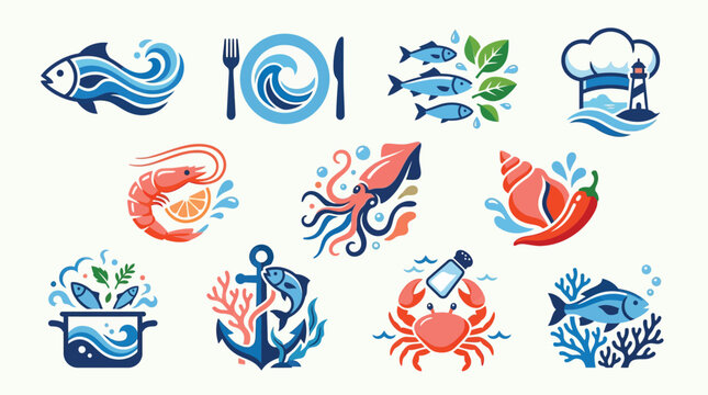 Collection of stylized seafood and ocean-themed icons representing various marine life and culinary elements.