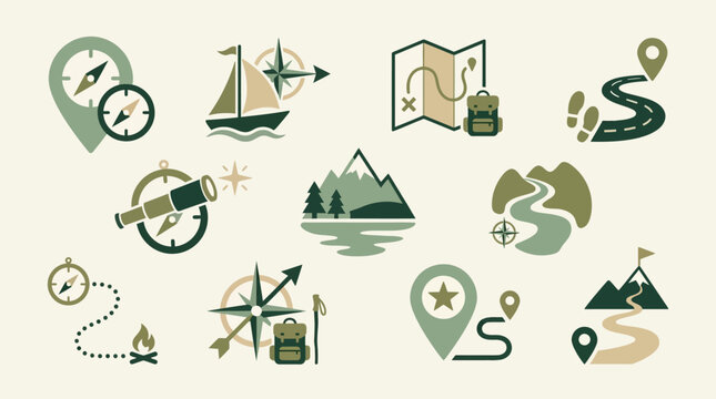 Collection of travel and adventure icons representing navigation, exploration, and outdoor activities.