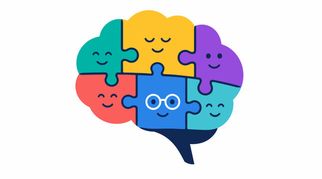 Colorful interlocking puzzle brain illustration made of smiling pieces.