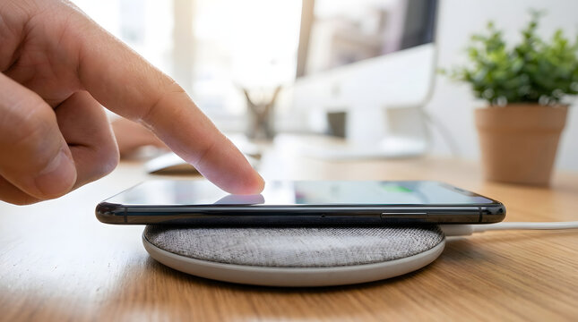 Person Using Wireless Charging Pad on Wooden Desk with Modern Lifestyle Accessories. Generated with AI image