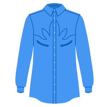 Blue western shirt with shaped yoke seams, chest pocket details and button closure with long sleeves and structured silhouette. Technical fashion illustration front view. Vector