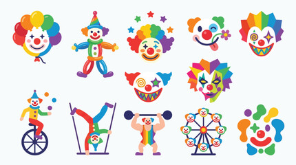 Collection of colorful clown illustrations, including circus performers, faces, and carnival elements. © tr